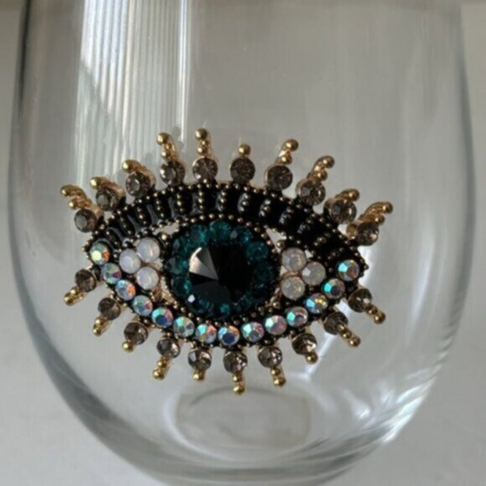 Rachel Zoe 2 Pc Jewel Rhinestone Hamsa Evil Eye Stemless Wine Glasses - Picture 10 of 10
